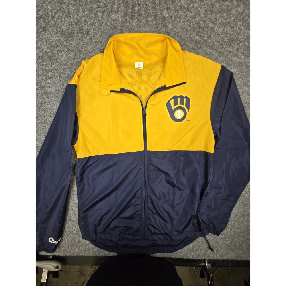 Milwaukee Brewers Windbreaker Jacket Coat SGA Mens Medium Yellow Navy Blue #1165